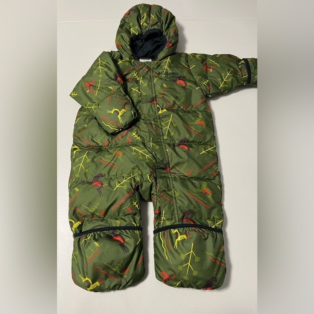 Columbia Down Puffer Green Snowsuit with Red and Yellow Accents